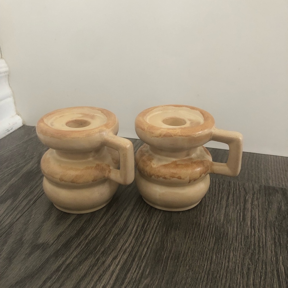 Ceramic Cream and Tan Candle Holders - Set of 2